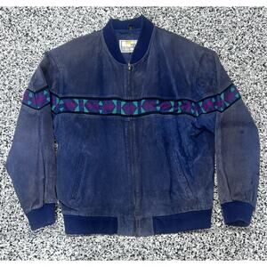 Vintage Mesa Ridge Navy Aztec Detail Leather Jacket Size Large Southwestern